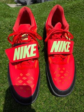 ‘Throwing’ Shoes-Shot Put- Nike Bright Red Trainers with Neon Yellow NIKE Strap